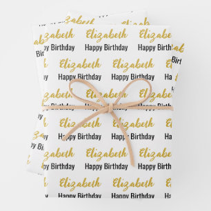 Happy Birthday Gold Script Name White and Black Wrapping Paper Sheet
