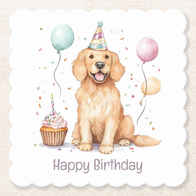 Happy Birthday Golden Retriever Dog Paper Coaster (Front)