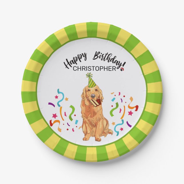 Happy Birthday Golden Retriever  Dog  Party Paper Plate (Front)