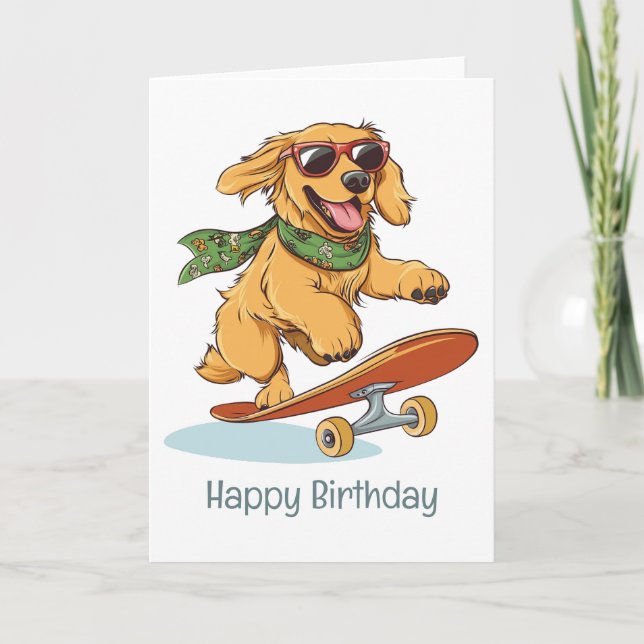 Happy Birthday Golden Retriever Dog Skateboarding Card (Front)