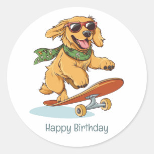 Happy Birthday Golden Retriever Dog Skateboarding Classic Round Sticker