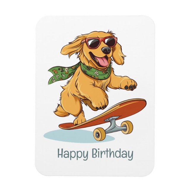 Happy Birthday Golden Retriever Dog Skateboarding Magnet (Vertical)