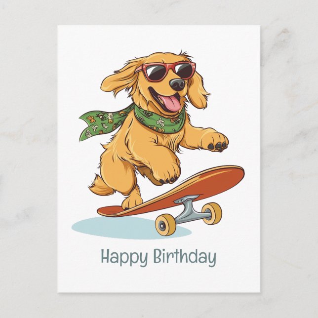 Happy Birthday Golden Retriever Dog Skateboarding Postcard (Front)