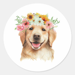 Happy Birthday Golden Retriever Dog with Flowers  Classic Round Sticker