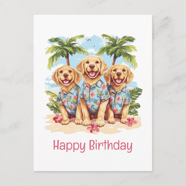 Happy Birthday Golden Retriever Dogs Hawaiian Postcard (Front)