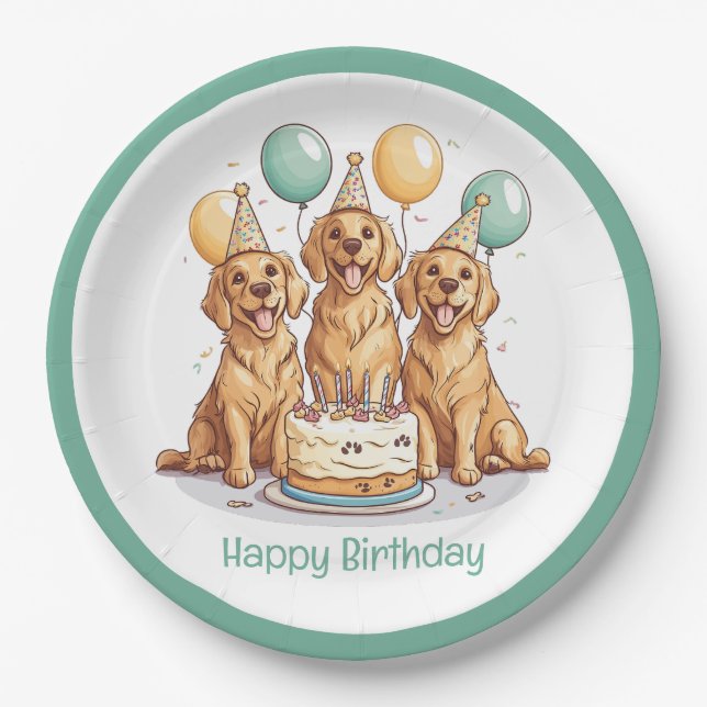 Happy Birthday Golden Retriever Dogs Paper Plate (Front)