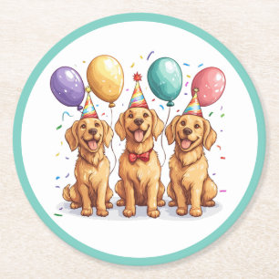 Happy Birthday Golden Retriever Dogs Round Paper Coaster