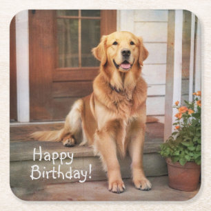 Happy Birthday Golden Retriever  Square Paper Coaster