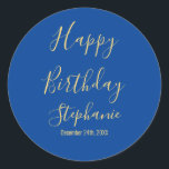 Happy Birthday Golden Yellow Blue Custom Name Classic Round Sticker<br><div class="desc">Designed with golden yellow text template for "Happy Birthday" message,  name and day which you may edit to customise and also custom colour background!</div>