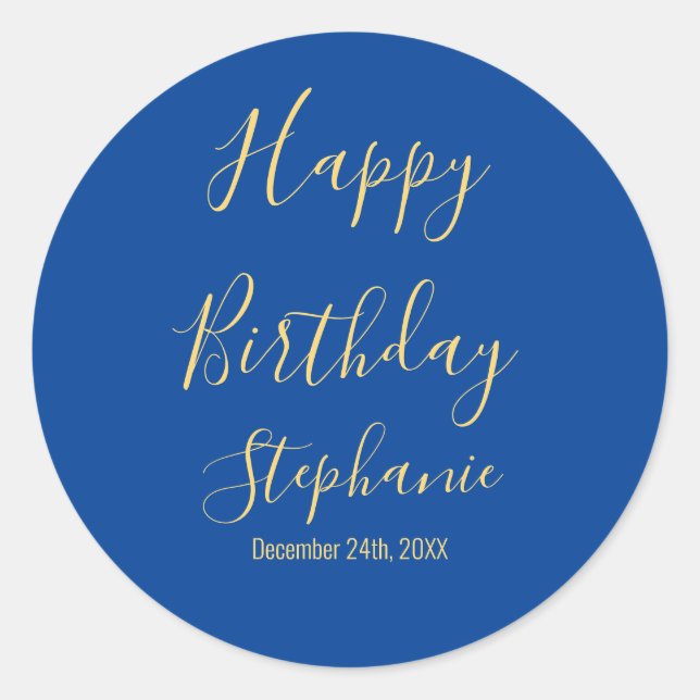 Happy Birthday Golden Yellow Blue Custom Name Classic Round Sticker (Front)