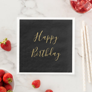 Happy Birthday Golden Yellow Text Black Custom Napkin