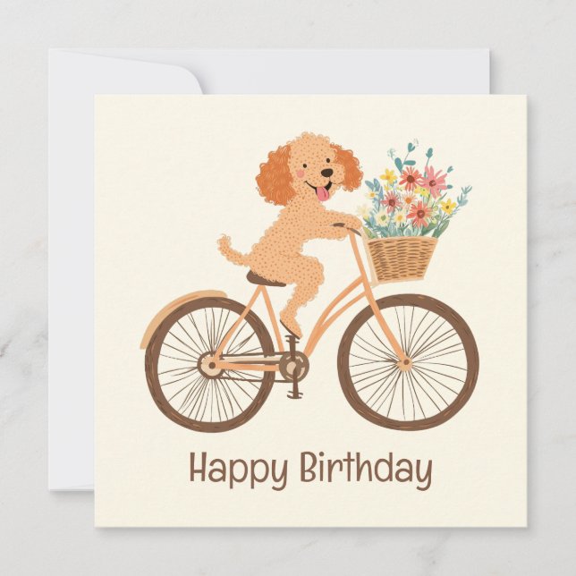 Happy Birthday Goldendoodle Dog Biking Spring Card (Front)