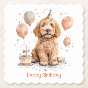 Happy Birthday Goldendoodle Dog Birthday Cake Paper Coaster