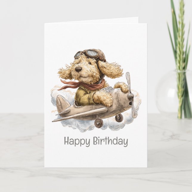 Happy Birthday Goldendoodle Dog Pilot Aeroplane Card (Front)