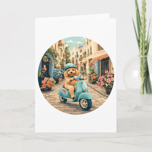 Happy Birthday Goldendoodle Dog Riding Scooter Card (Front)