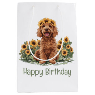 Happy Birthday Goldendoodle Dog Sunflower Crown Medium Gift Bag