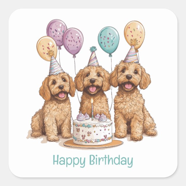 Happy Birthday Goldendoodle Dogs Birthday Cake Square Sticker (Front)