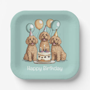 Happy Birthday Goldendoodle Dogs Paper Plate