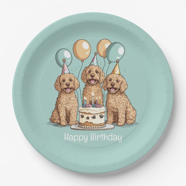 Happy Birthday Goldendoodle Dogs Paper Plate (Front)