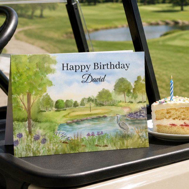 Happy Birthday Golf Course with Heron Personalise Card (Creator Uploaded)