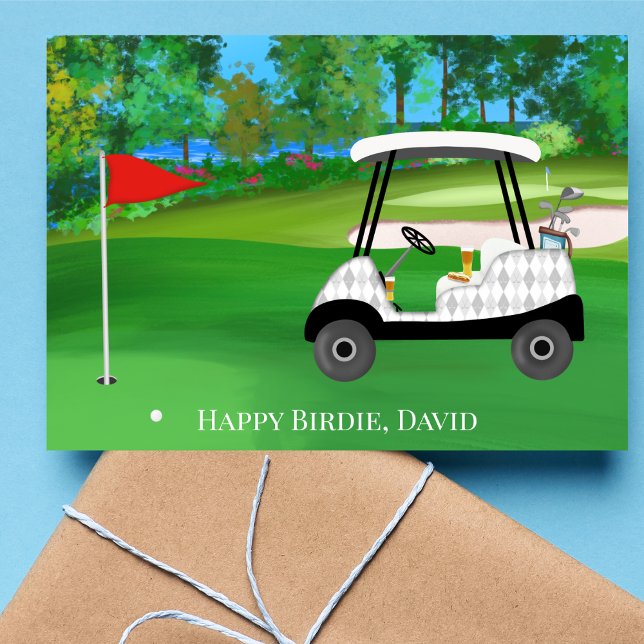 Happy Birthday Golf With Cart, Beer, Hotdog Card (Tee up the perfect birthday celebration for your golf-loving, beer-sipping friend!)