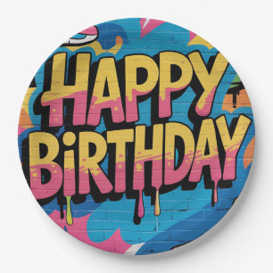 Happy Birthday Graffiti Wall with Sneakers Paper Plate