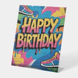 Happy Birthday Graffiti Wall with Sneakers Pedestal Sign