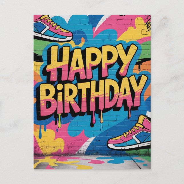 Happy Birthday Graffiti Wall with Sneakers Postcard (Front)