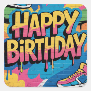 Happy Birthday Graffiti Wall with Sneakers Square Sticker