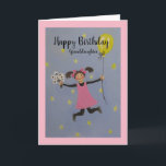 Happy Birthday, granddaughter/ greeting card<br><div class="desc">Original acrylic birthday card design for a granddaughter by Dian... ... ... A whimsical and adorable young girl leaping with joy as she holds a balloon and a bunch of flowers is on the front of the card. The inside has a warm birthday sentiment. A great card for a younger...</div>