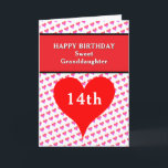 Happy Birthday Granddaughter Hearts Any Age Card<br><div class="desc">Happy Birthday Sweet Granddaughter written in white typography against red and bllack geometric rectange. 14th written in white inside Red heart. Personalise for anyone of any age. Smaller pink purple ombre hearts in background. Inside area has small heart balloons and special message, or insert your own text. Backside has colourful...</div>