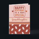 Happy birthday granddaughter leaf pattern orange card<br><div class="desc">Personalise this Birthday greeting Card for your granddaughter,  or change to suit.
Happy birthday to a very special granddaughter.
Designed in burnt orange,  orange and pink with a leaf pattern and love hearts.</div>