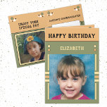 Happy Birthday Granddaughter name photo green Card<br><div class="desc">Greeting card for your Granddaughter.
Add two photos,  name and message.
Designed in green,  orange,  yellow,  with stripes and dots.
Best kid ever.</div>