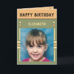 Happy Birthday Granddaughter name photo green Card<br><div class="desc">Greeting card for your Granddaughter.
Add two photos,  name and message.
Designed in green,  orange,  yellow,  with stripes and dots.
Best kid ever.</div>