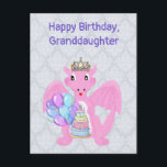 Happy Birthday Granddaughter Pink Baby Dragon Holiday Postcard<br><div class="desc">This birthday card for a young grand daughter my drawing of a cute pink young dragon with wings. I have added the tiara on it's head. The sweet pink dragon holds a cake with candles and a bunch of balloons. You can change the text on the front to make this...</div>