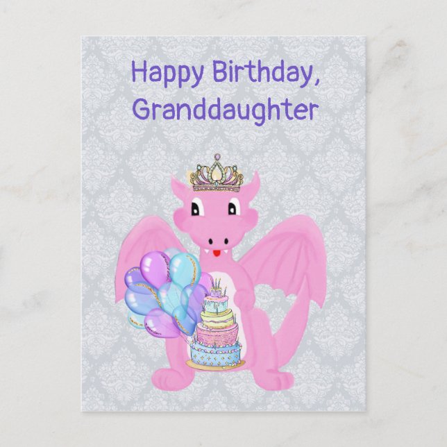 Happy Birthday Granddaughter, Pink Baby Dragon Holiday Postcard (Front)