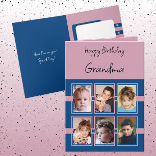 Happy Birthday Grandma add 6 photos blue pink Card