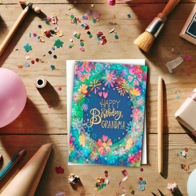 Happy Birthday Grandma Beautiful Floral Trendy Card (Creator Uploaded)