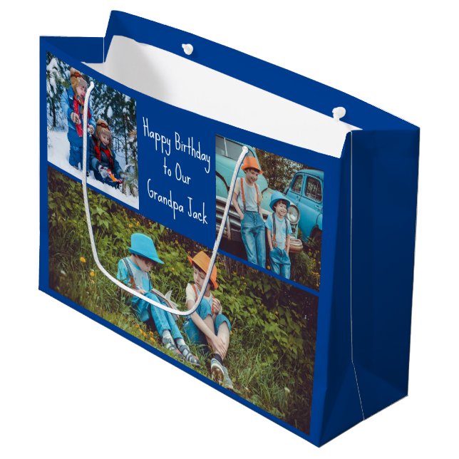 Happy Birthday Grandpa Custom Grandkids Photo Large Gift Bag (Front Angled)