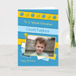 Happy Birthday Grandson blue and yellow photo Card<br><div class="desc">Personalise this Birthday Card for your Grandson
Designed in blue and yellow
Add his name 
Happy Birthday
To a special Grandson
Have a great day</div>