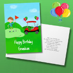 Happy Birthday Grandson Boy Golfer On Golf Course Card<br><div class="desc">This golf-themed birthday card for grandson is a hole-in-one! Perfect for a young golf fan,  it features a bright red golf cart with colourful balloons,  a fun golf ball birthday cake,  and a young boy golfer ready to putt on the green.</div>
