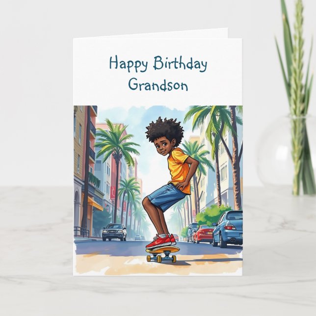 Happy Birthday Grandson |  Boy on Bike in City Card (Front)