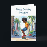 Happy Birthday Grandson |  Boy on Bike in City Card<br><div class="desc">Cute personalised birthday card for a grandson. African-American boy riding his bike down the city streets.</div>