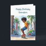 Happy Birthday Grandson |  Boy on Bike in City Card<br><div class="desc">Cute personalised birthday card for a grandson. African-American boy riding his bike down the city streets.</div>