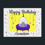 Happy Birthday, Grandson, Cute Space Alien Postcard<br><div class="desc">This birthday postcard for a grandson has my digital drawing of a purple flying saucer with a green space alien inside. The space alien is on a background of colorful stars with hanging stars on each side. You can change the text to make this postcard suitable for anyone. Other birthday...</div>