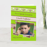 Happy Birthday Grandson green and brown photo Card<br><div class="desc">Personalise this Birthday Card for your Grandson
Designed in lime green and brown
Add his name 
Happy Birthday
To a special Grandson
Have a great day</div>