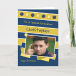 Happy Birthday Grandson navy and gold photo Card<br><div class="desc">Personalise this Birthday Card for your Grandson
Designed in navy and gold
Add his name 
Happy Birthday
To a special Grandson
Have a great day</div>