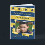 Happy Birthday Grandson navy and gold photo Card<br><div class="desc">Personalize this Birthday Card for your Grandson
Designed in navy and gold
Add his name 
Happy Birthday
To a special Grandson
Have a great day</div>