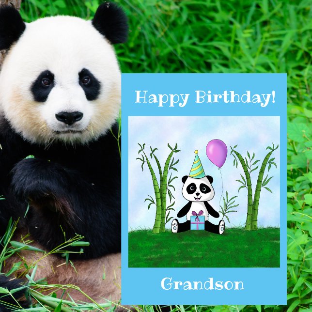 Happy Birthday Grandson Panda Party Card (Make your grandchild's day unforgettable with this whimsical, personalized birthday card!)