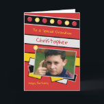Happy Birthday Grandson red and black photo Card<br><div class="desc">Personalise this Birthday Card for your Grandson
Designed in red,  black,  yellow and grey
Add his name 
Happy Birthday
To a special Grandson
Have a great day</div>
